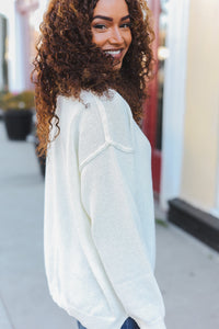 Lock Eyes Ivory Notched Neck With Patch Oversized Sweater