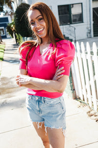 Be Bold Solid Fuchsia Shirred Puff Sleeve Sweater Top