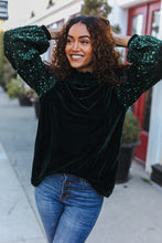 Under the Lights Green Velvet & Sequin Frill Mock Neck Top