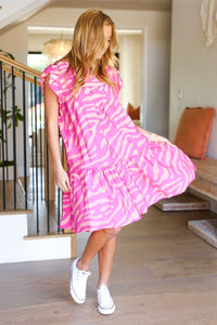 Remember Me Pink Zebra Print Tiered Ruffle Sleeve Woven Dress