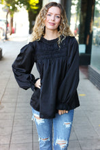 Be Your Best Black Satin Shirred Yoke Frilled Mock Neck Top