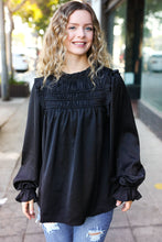 Be Your Best Black Satin Shirred Yoke Frilled Mock Neck Top