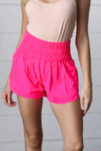 Neon Coral Smocked Waistband Work Out Shorts