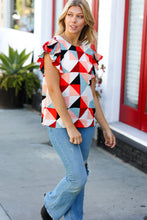 Ivory & Burnt Orange Geo Print Smocked Ruffle Frill Sleeve Top