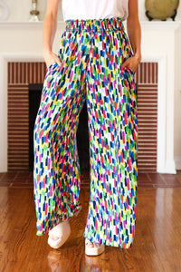 Stand Out Navy & Green Abstract Print Smocked Waist Palazzo Pants