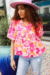 Find Love Pink/Yellow Floral Frill Balloon Short Sleeve Top