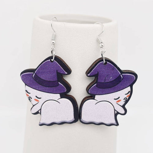 Halloween Witch Hat Ghost Wooden Earrings