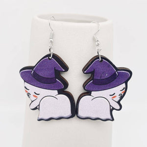 Halloween Witch Hat Ghost Wooden Earrings