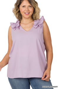 Plus Woven Wool Dobby Ruffle Trim Sleeveless Top