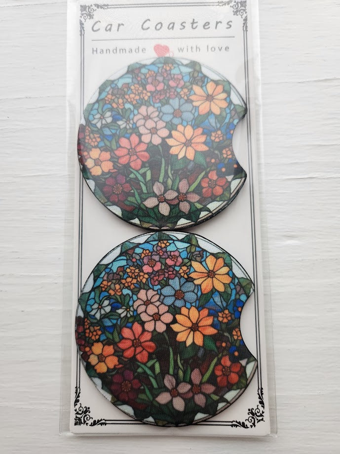 Stained Glass Flowers Car Coaster Set