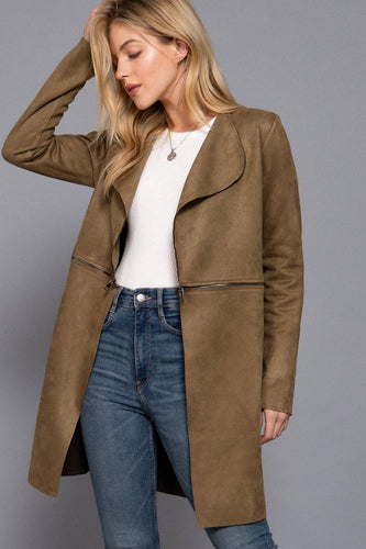 Zipper Detail Faux Suede Long Jacket: Olive