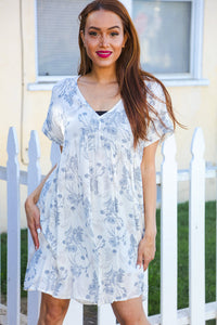 Vintage Vibes Ivory Blue Floral Print V Neck Dress