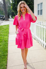 Star Struck Fuchsia Notched Neck Balloon Sleeve Sash Belt Mini Dress