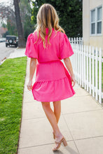 Star Struck Fuchsia Notched Neck Balloon Sleeve Sash Belt Mini Dress