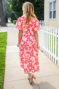 Hello Beautiful Coral Elastic V Neck Tiered Big Floral Maxi Dress