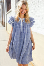 Beautiful You Blue Checker Gingham Tie Front Double Ruffle Sleeve Midi Dress