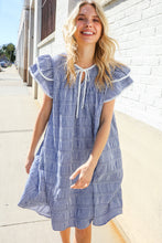 Beautiful You Blue Checker Gingham Tie Front Double Ruffle Sleeve Midi Dress