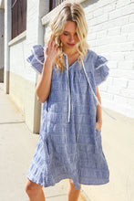 Beautiful You Blue Checker Gingham Tie Front Double Ruffle Sleeve Midi Dress