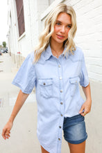 Casual Chic Blue Cotton Denim Snap Button Flap Pocket Top