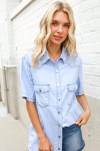 Casual Chic Blue Cotton Denim Snap Button Flap Pocket Top