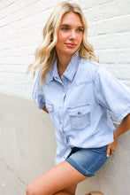 Casual Chic Blue Cotton Denim Snap Button Flap Pocket Top