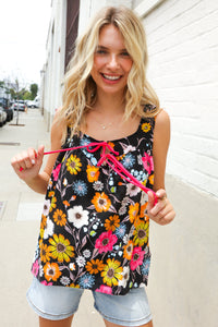 Flower Power Black Sleeveless Babydoll Bow Tie Top