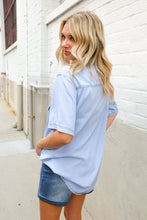 Casual Chic Blue Cotton Denim Snap Button Flap Pocket Top