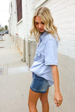 Casual Chic Blue Cotton Denim Snap Button Flap Pocket Top