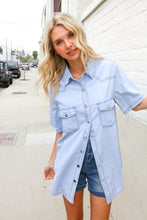 Casual Chic Blue Cotton Denim Snap Button Flap Pocket Top