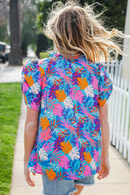 All For You Aqua Tropical Print Frill Notch Neck Puff Sleeve Top