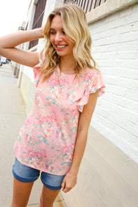Find Love Pink Floral Print Flutter Sleeve Knit Top