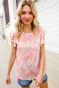 Find Love Pink Floral Print Flutter Sleeve Knit Top