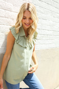 Feeling Femme' Olive Linen Ruffle Collar Botton Down Top