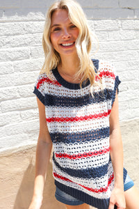 Feeling Festive Red White & Blue Striped Crochet Sweater Top