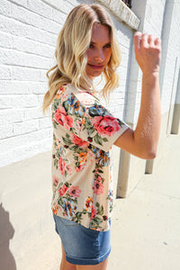 Weekend Ready Taupe Floral Print Short Sleeve Top