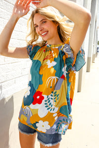 Be Bold Multicolor Abstract Print Flutter Sleeve Mock Neck Top