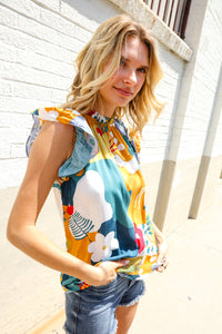 Be Bold Multicolor Abstract Print Flutter Sleeve Mock Neck Top