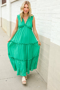 Find Love Green Sleeveless V Neck Frill Ruffle Tiered Lined Maxi