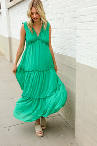 Find Love Green Sleeveless V Neck Frill Ruffle Tiered Lined Maxi