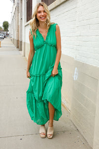 Find Love Green Sleeveless V Neck Frill Ruffle Tiered Lined Maxi