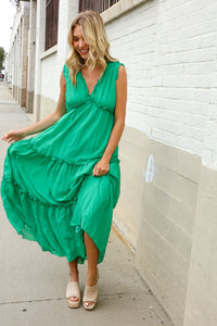 Find Love Green Sleeveless V Neck Frill Ruffle Tiered Lined Maxi