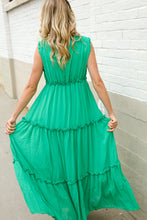 Find Love Green Sleeveless V Neck Frill Ruffle Tiered Lined Maxi