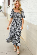 Look My Way Black/White Abstract Print Smocked Neck Maxi Dress