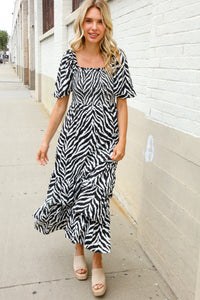 Look My Way Black/White Abstract Print Smocked Neck Maxi Dress