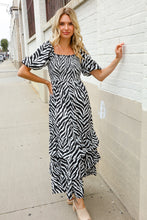 Look My Way Black/White Abstract Print Smocked Neck Maxi Dress