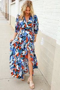 Vacay Ready Blue Tropical Print Wrap Around Tie Waist Coverup Maxi