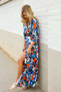 Vacay Ready Blue Tropical Print Wrap Around Tie Waist Coverup Maxi