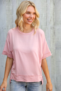 Look My Way Blush Hi-Lo French Terry Outseam Pullover