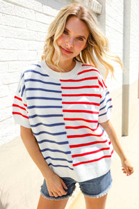 Patriotic Red & Blue Stripe Drop Shoulder Oversize Sweater Top