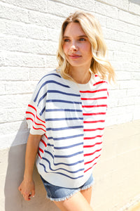 Patriotic Red & Blue Stripe Drop Shoulder Oversize Sweater Top